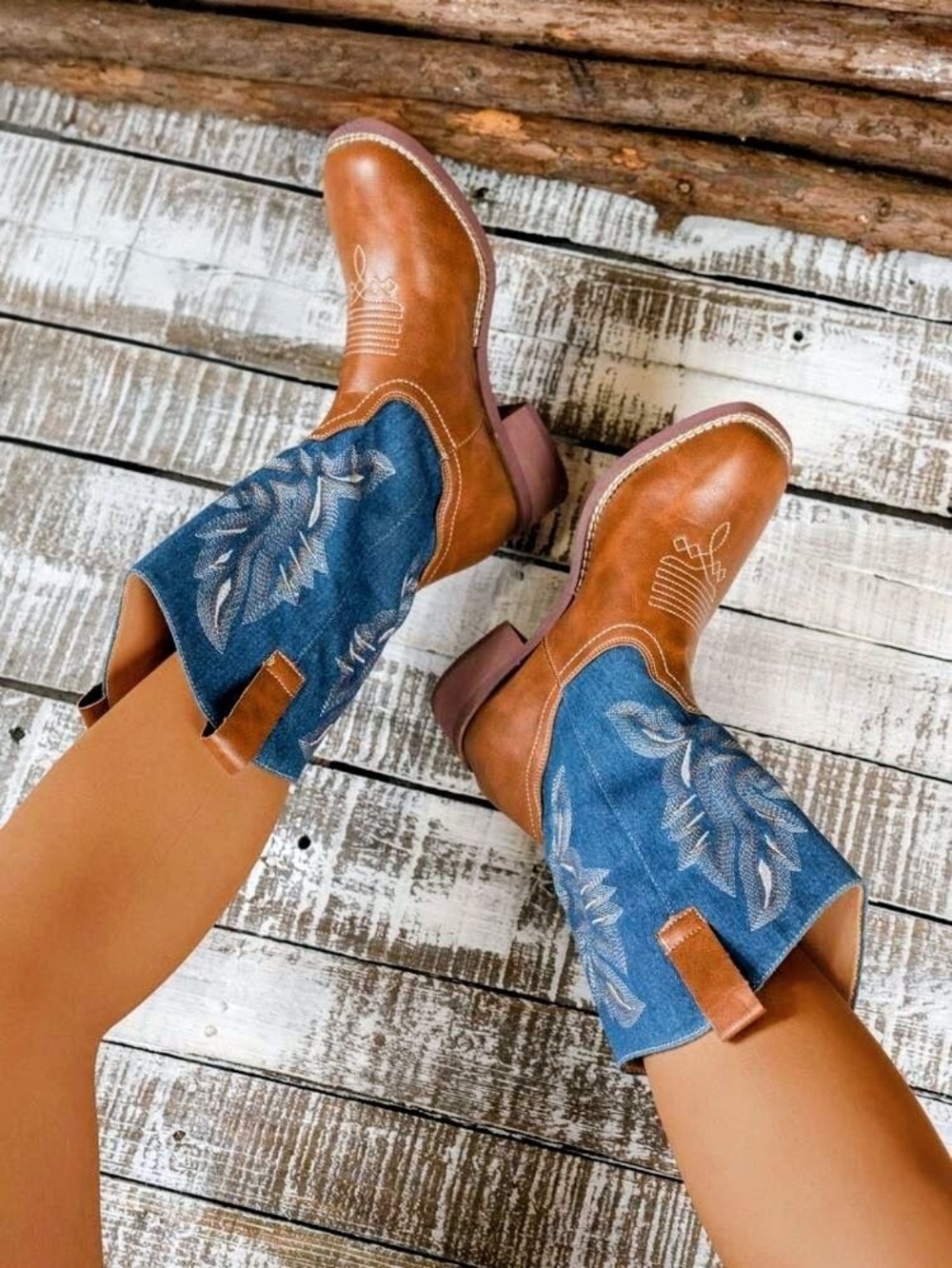 Women’s Two-Tone Brown Leather & Blue Embroidered Western Boots